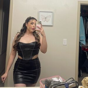 Sleek Black Faux Leather Two Piece Set